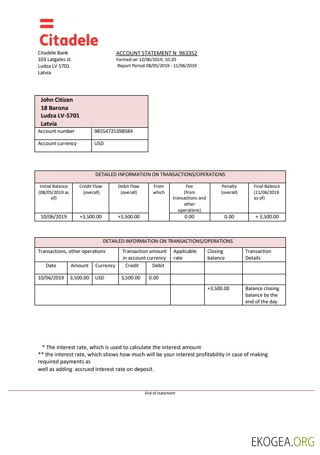 Modèle de relevé bancaire Lettonie Citadele, format Word et PDF (.doc et .pdf)
